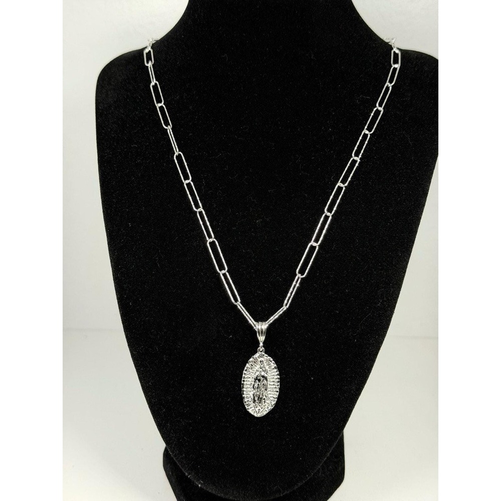 Virgin Mary Guadalupe Pendant Necklace Silver Tone Paperclip Chain 21 In